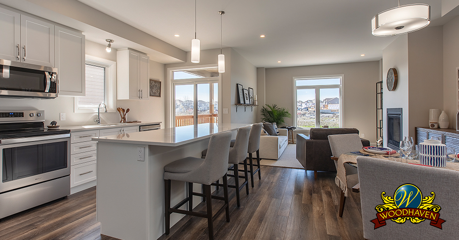 An open-concept living space in a home in the Woodhaven neighbourhood.